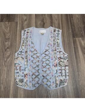 Casual Corner Annex Floral Flowers Y2K Cottagecore Button Vest Size Small Blue